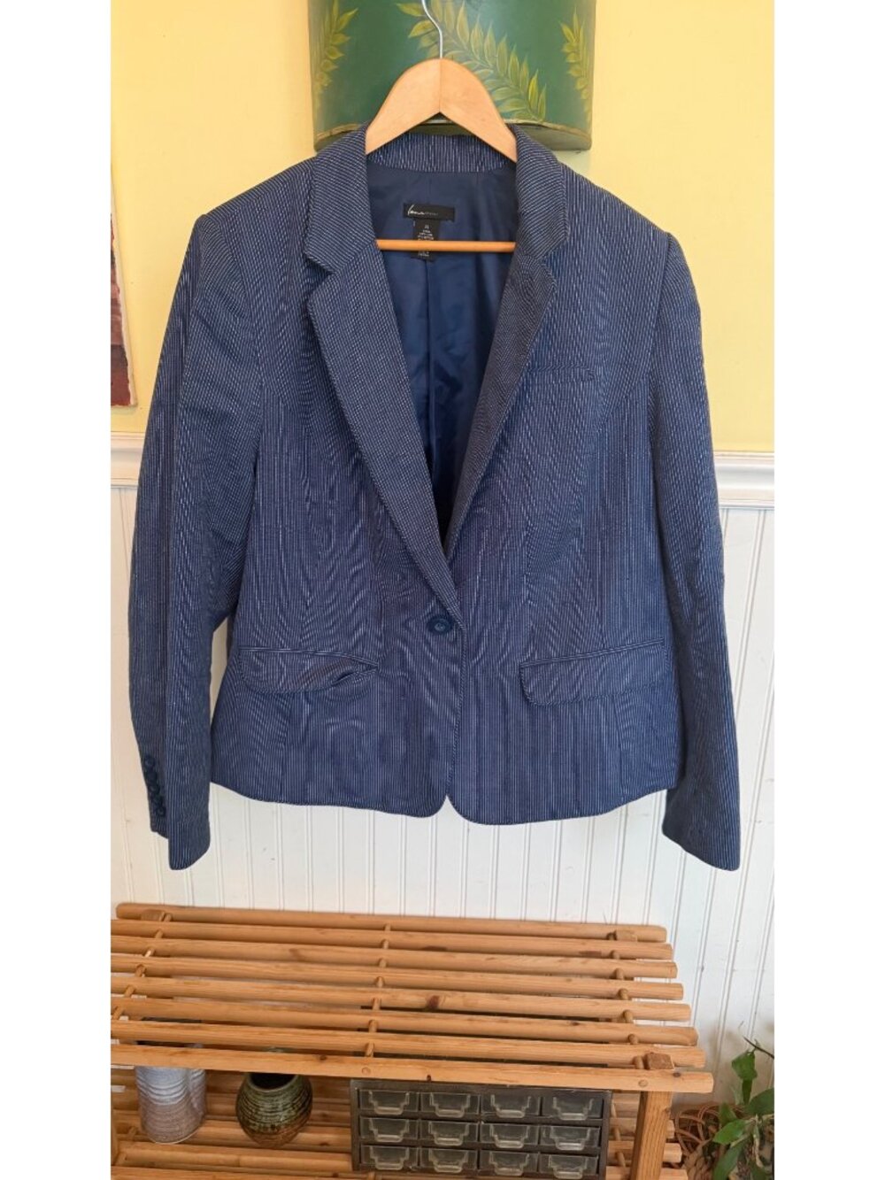 Lane Bryant Womens Blue Pinstripe Linen Blend Blazer Jacket Size 22